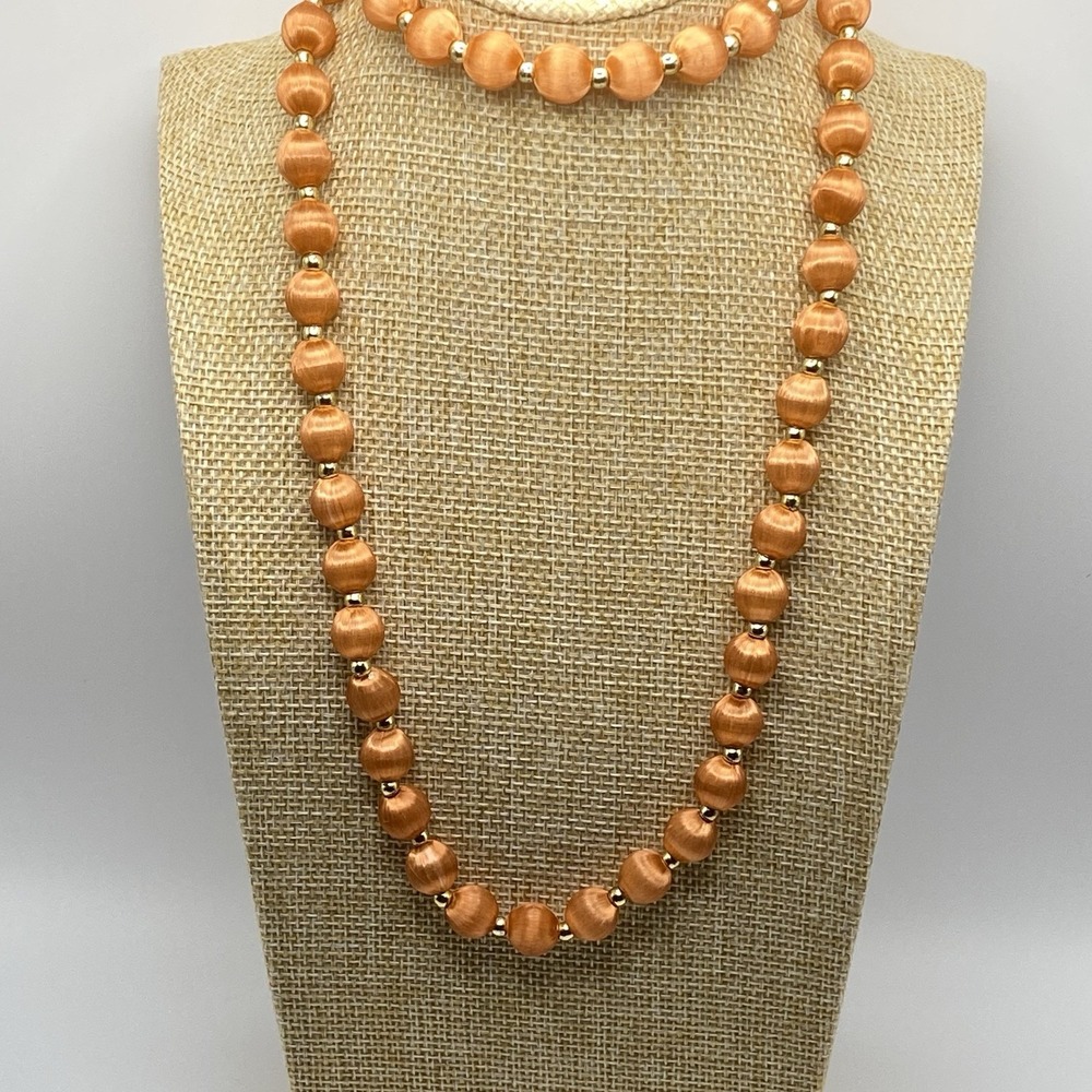 Unsigned Silk Bead Necklace Vintage Orange Gold Tone 30"